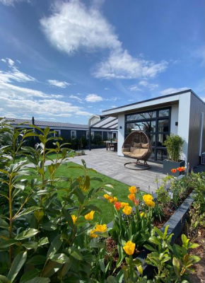 LUXUS Cube Ferienhaus Chalet am See mit Schwimmbad in Lathum NL